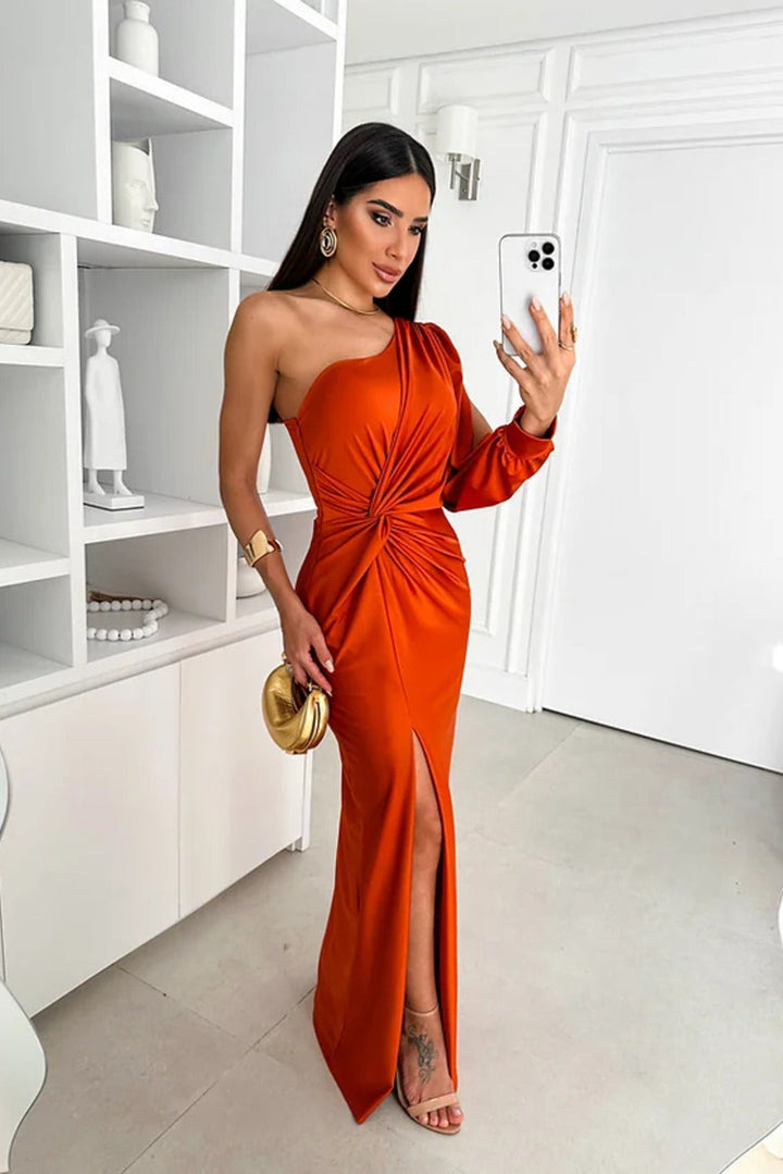 Graceful ruched one shoulder wedding guest maxi dress, formal and chic.