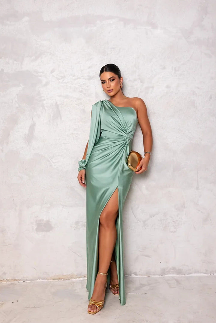 Chic formal ruched gown, a classic evening dress with sophisticated details.