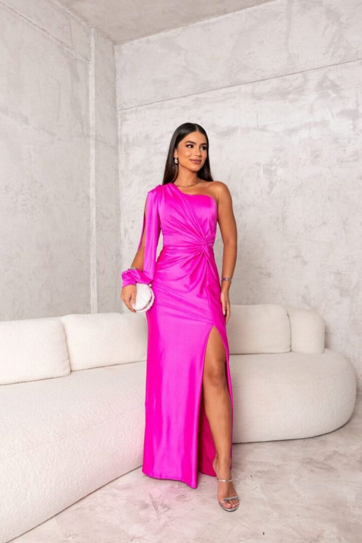 Beautiful long dress for special occasions; elegant one-shoulder with a modern twist front.