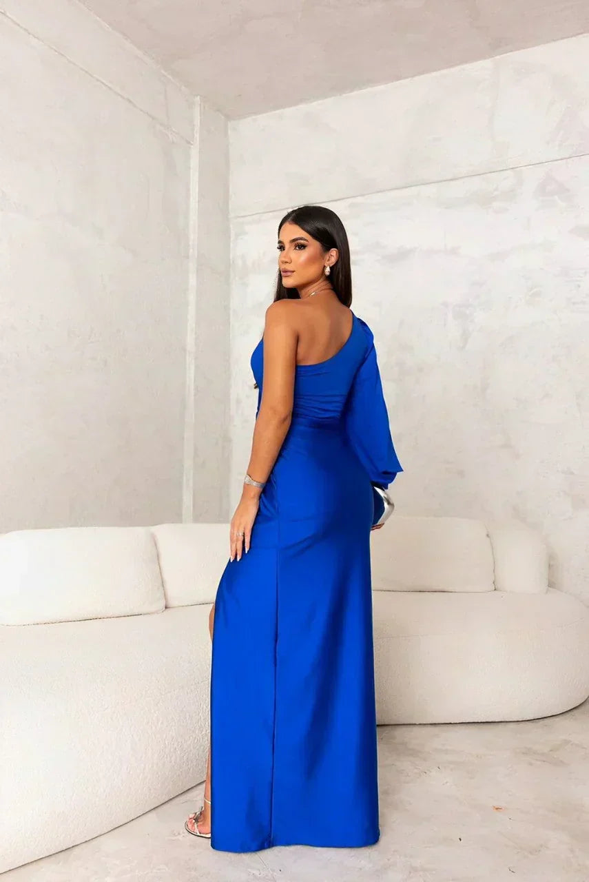 Wedding guest one-shoulder maxi dress, featuring elegant design and a stylish twist detail.