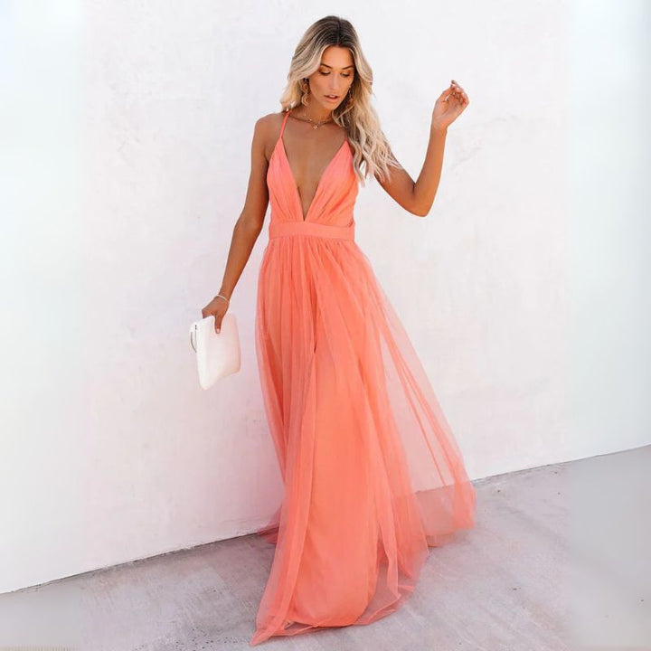Women's stylish orange V-neck maxi dress with a sleeveless design, ideal for special occasions and parties.