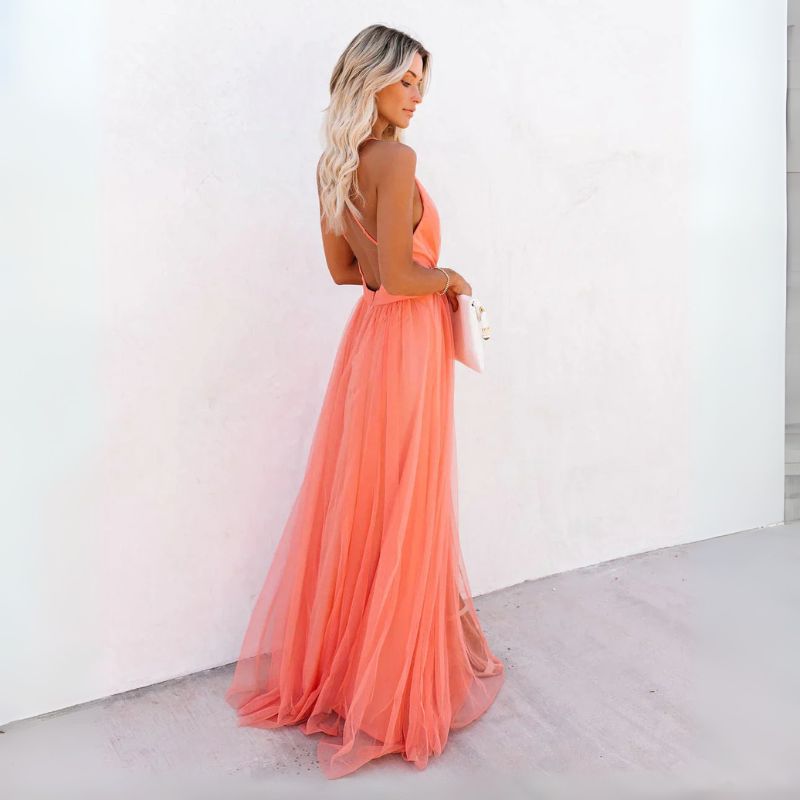 Long orange sleeveless V-neck maxi dress for women, an elegant choice for wedding guests and formal events.