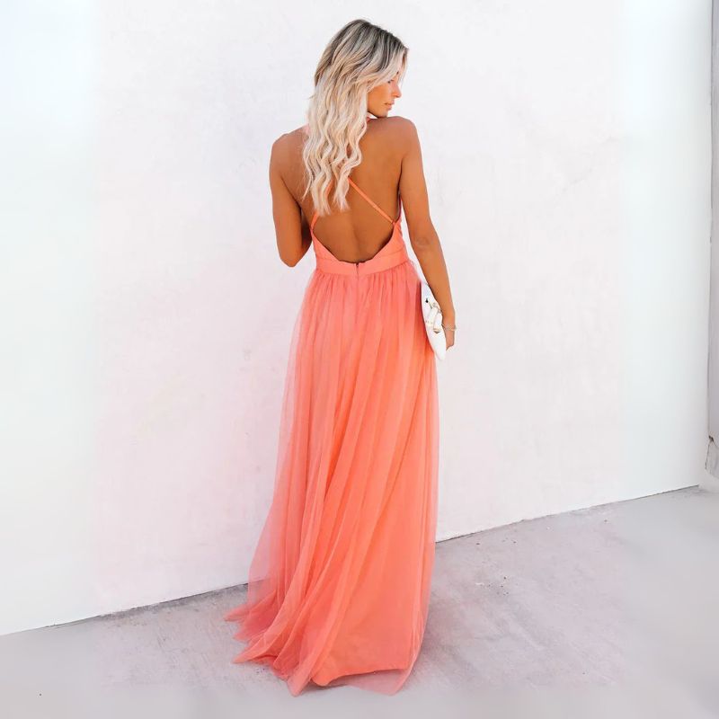 Sophisticated women's orange sleeveless V-neck maxi dress, a stunning formal gown for special occasions.