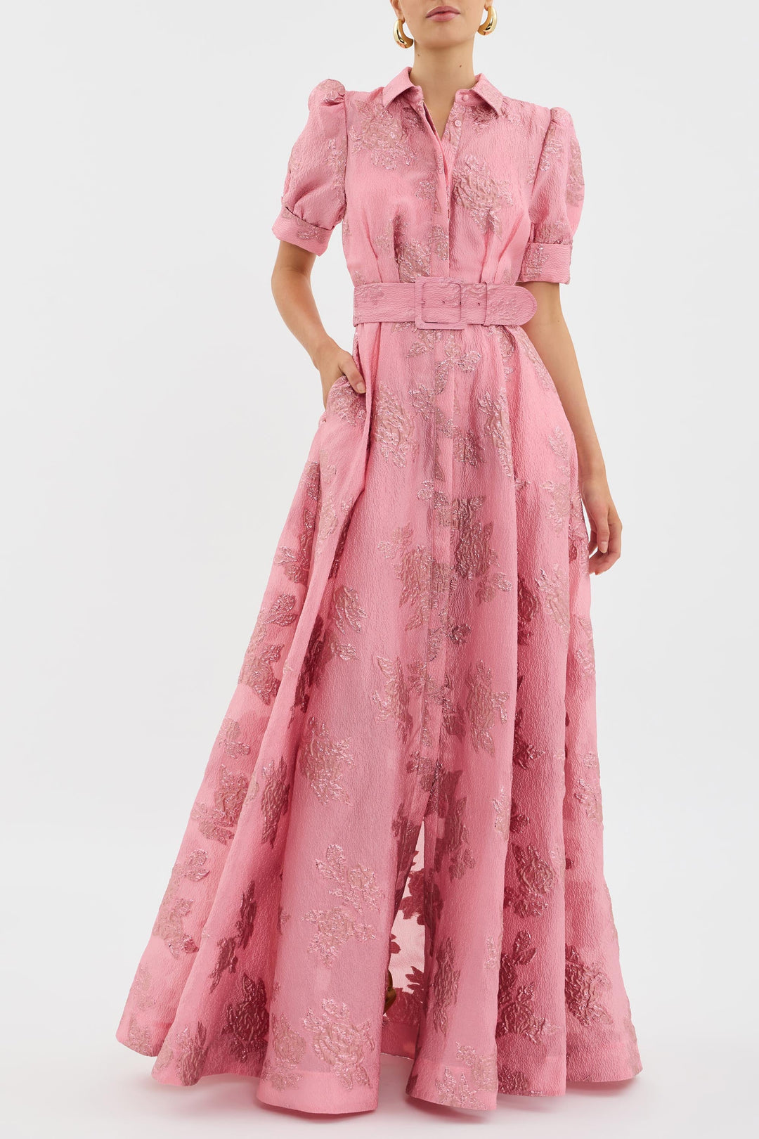 Sophisticated pink maxi dress with puff sleeves & A-line cut, ideal for special occasions & evening wear.
