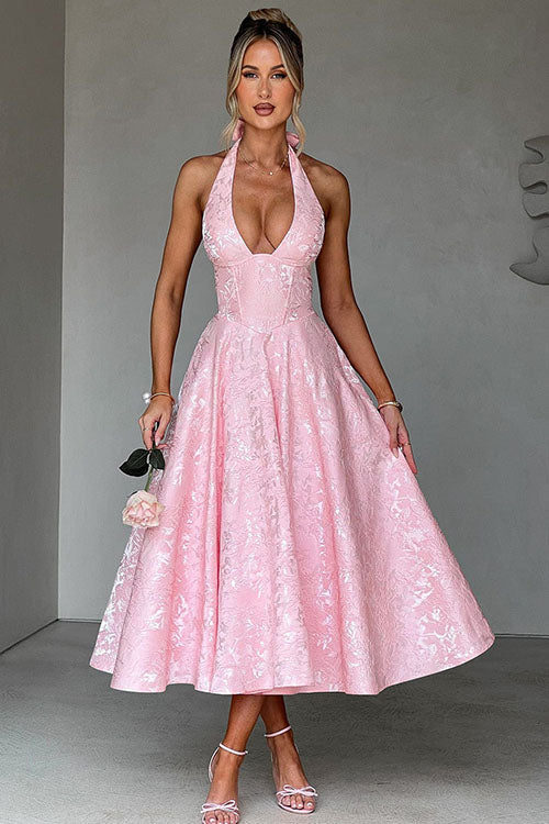 Elegant pink floral corset halter midi wedding guest dress.