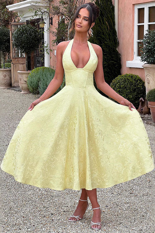 White special occasion floral midi dress, halter neckline, corset waist.