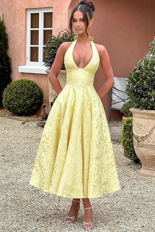 White floral fashion midi dress, halter style, elegant corset.