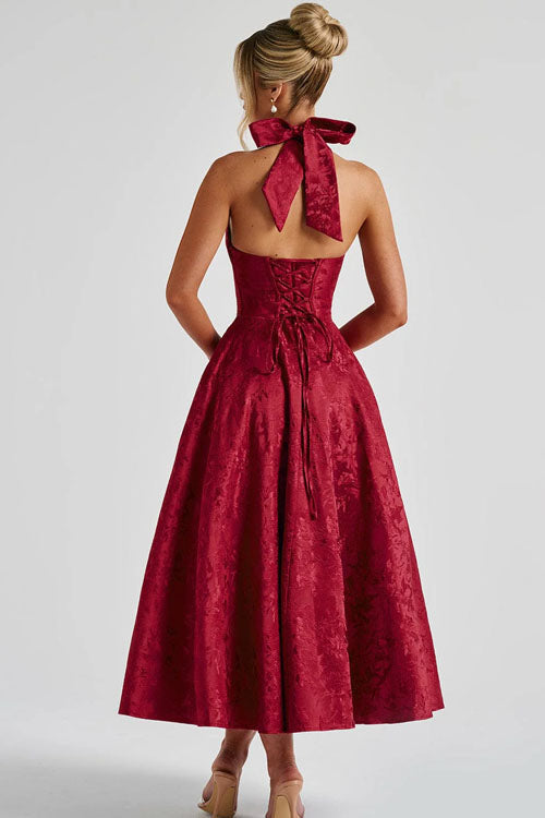 Wine red feminine fashion floral midi dress, halter neck top.