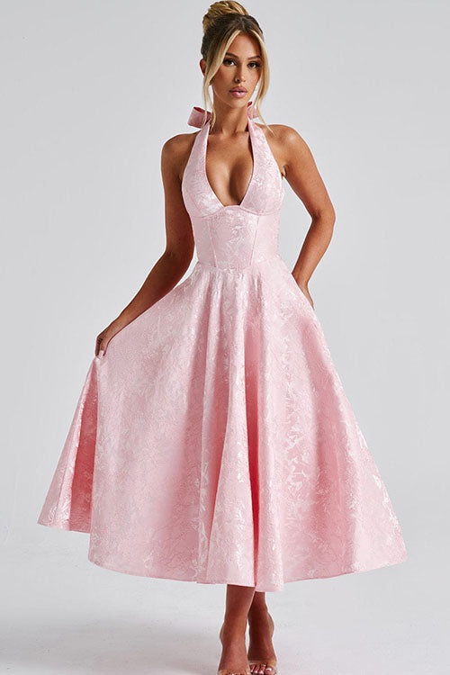 Stunning pink floral midi wedding guest dress, halter & corset.