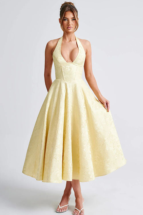 Gorgeous yellow floral A-line midi, halter neck, corset waist.