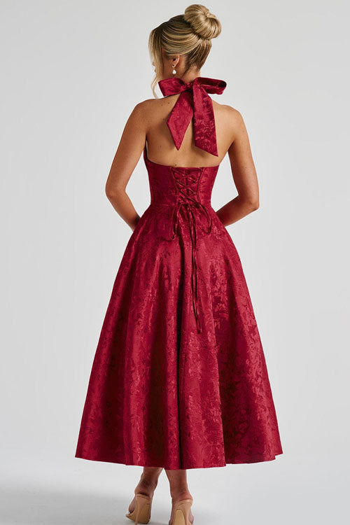 Rich wine red floral midi dress, elegant halter, corset details.