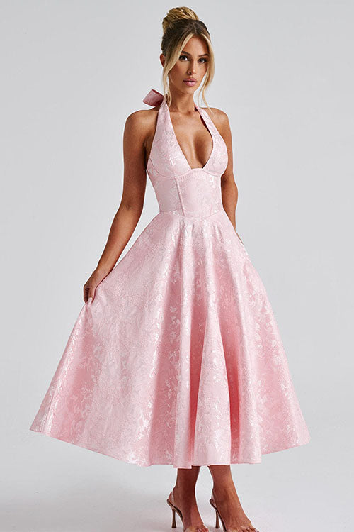 Pink floral summer midi dress, halter neck, corset, A-line silhouette.