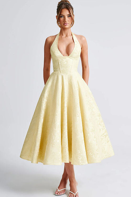 Vibrant yellow floral midi for events, halter, corset bodice.