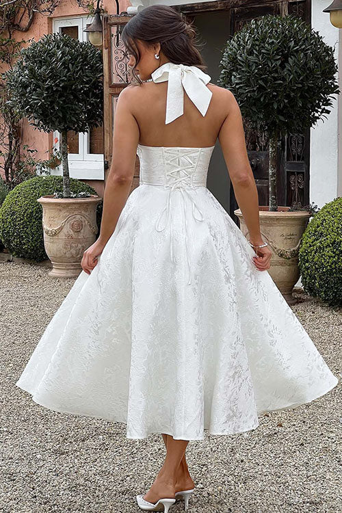 Fresh white floral midi, elegant halter, corset, perfect for spring.