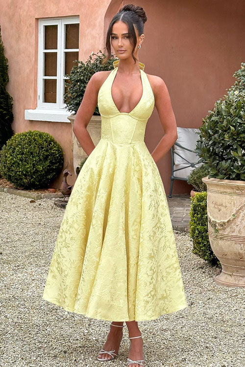 Pure white floral midi for elegant events, halter, corset.