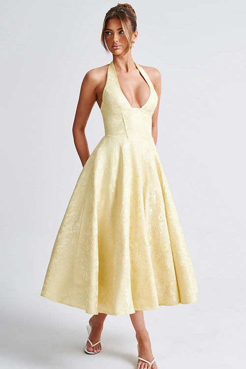 White floral elegant midi dress, halter neck, and corset waist.