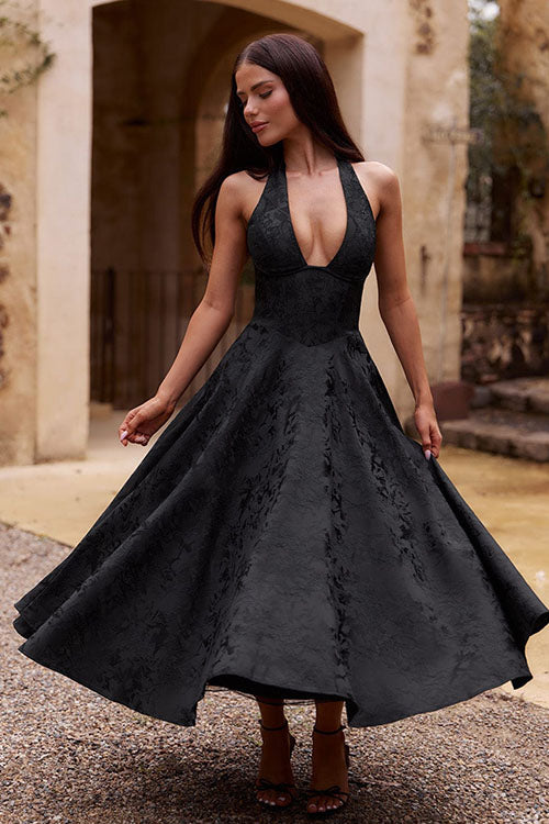 Black floral print halter corset midi party dress.