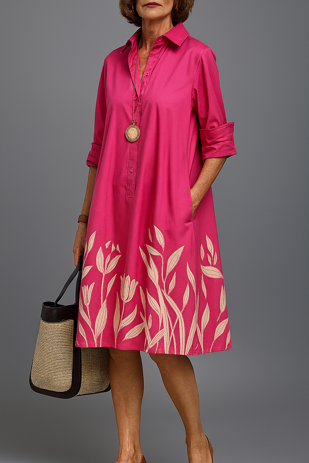 Elegant pink fuchsia women's floral hem midi shirt dress. Perfect for spring/summer, daytime, brunch or vacation.