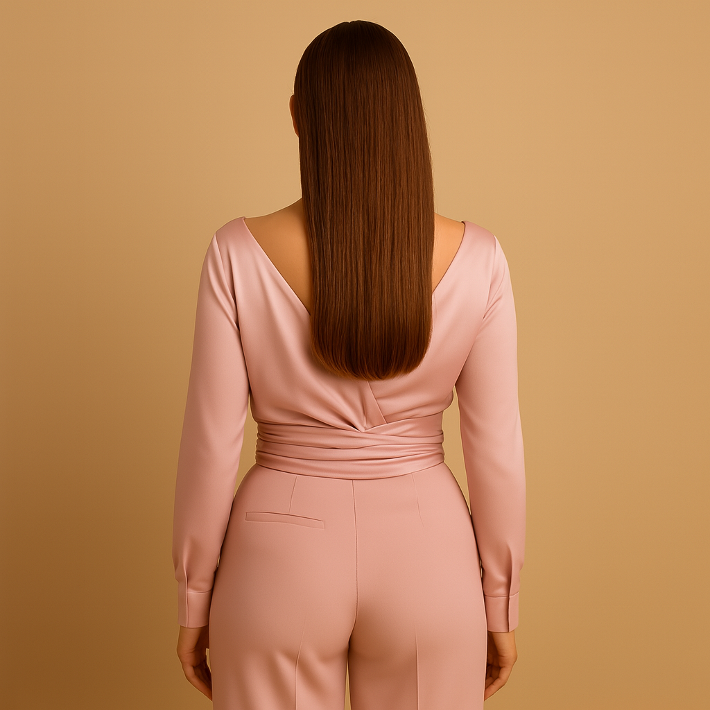 Stylish women's long sleeve pink wrap top with adjustable tie waist, versatile for elegant office or chic casual outfits.