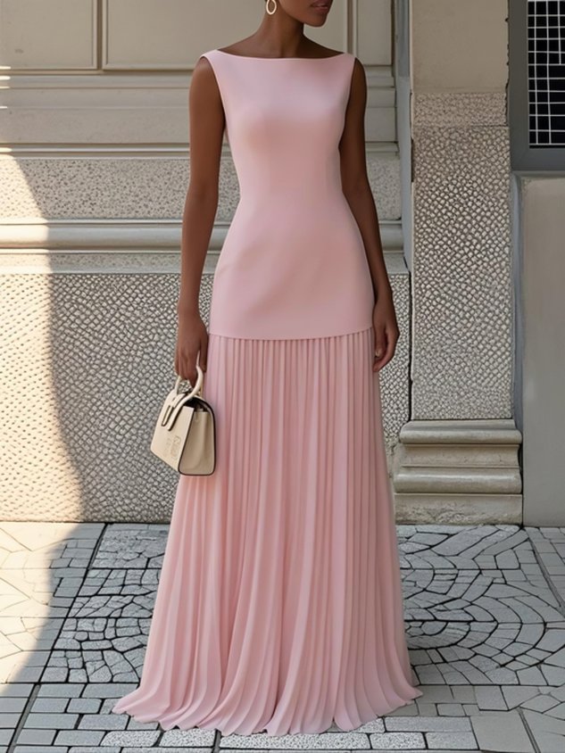 Chic women's boat-neck maxi dress, pleated and sleeveless, ideal for wedding guests & evening events.