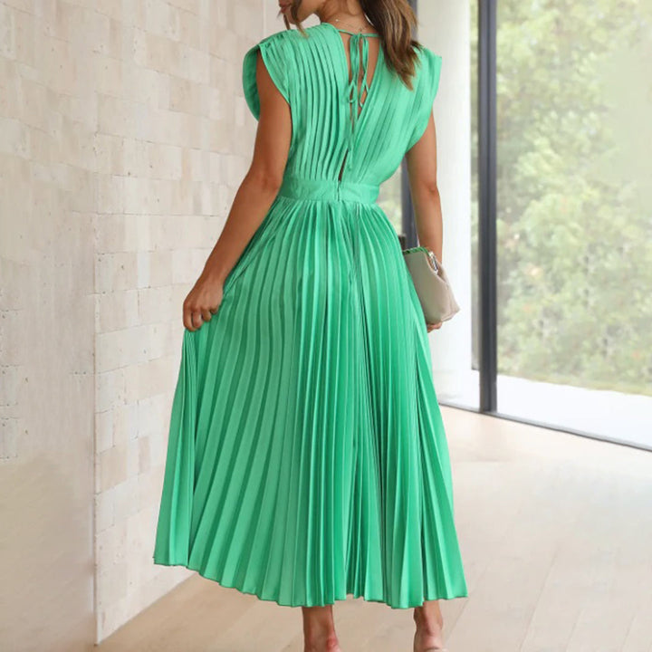 Chic V-neck midi pleated dress, a stunning choice for special occasions.