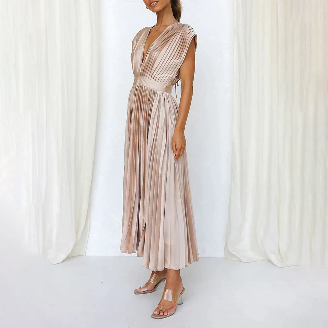 Sophisticated V-neck midi dress with pleats, great for any formal party.