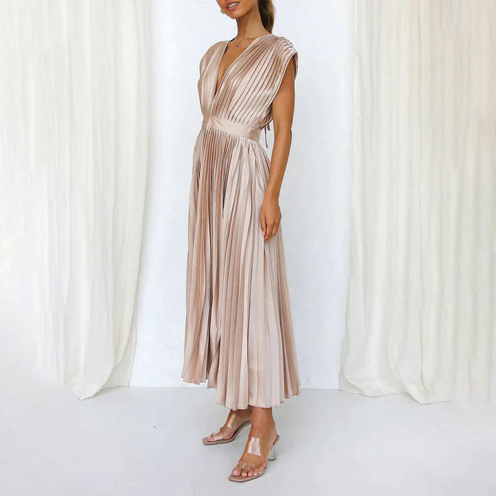 Sophisticated V-neck midi dress with pleats, great for any formal party.
