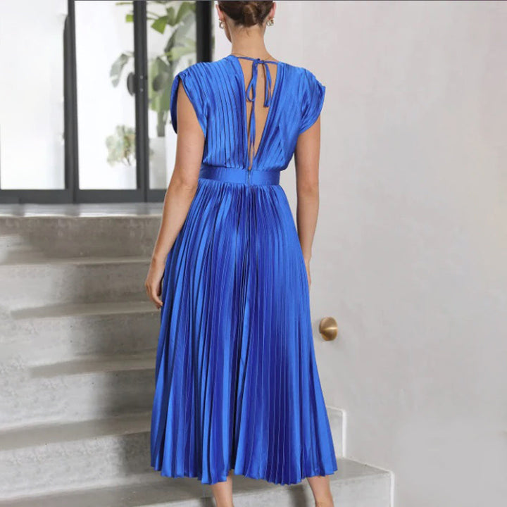 Women's elegant pleated V-neck midi dress, perfect for special occasions.