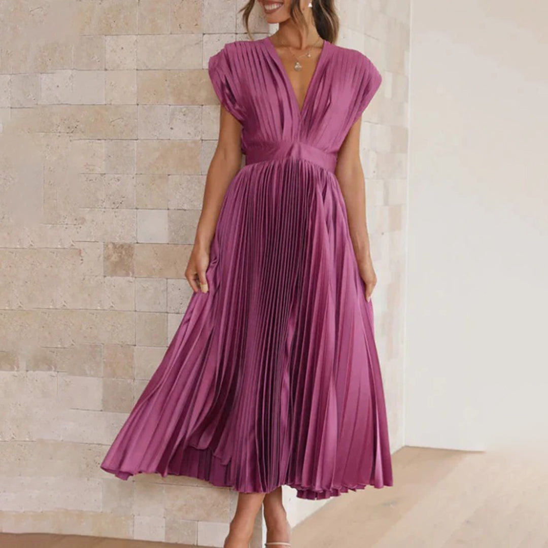 Women's formal V-neck pleated midi dress, ideal for special occasion parties.