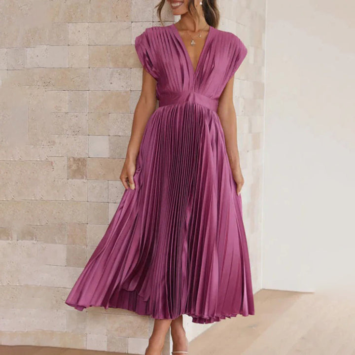 Women's formal V-neck pleated midi dress, ideal for special occasion parties.