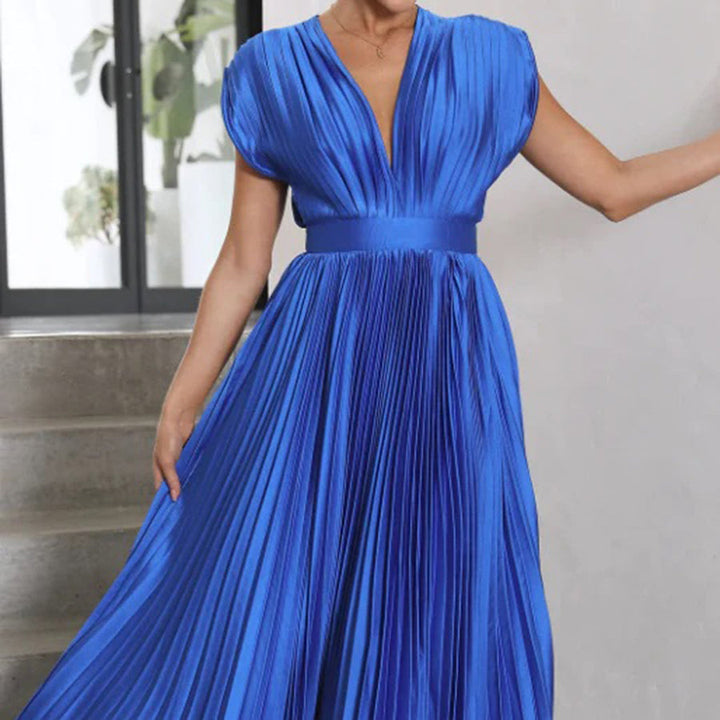 Beautiful pleated V-neck midi wedding guest dress, perfect for formal events.
