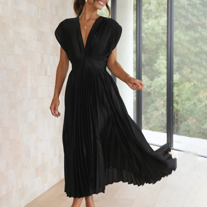 Chic V-neck midi party dress with elegant pleats, perfect for formal evenings.