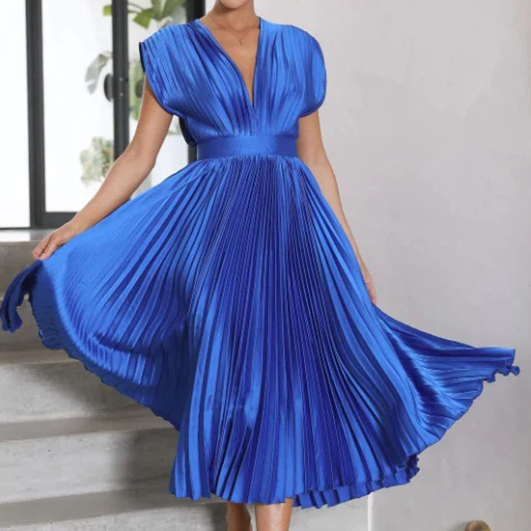 Formal women's V-neck pleated midi evening dress, great for cocktail events.