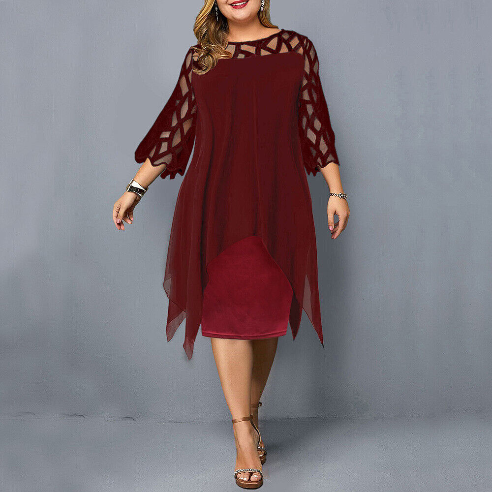 Elegant plus-size lace midi dress with round neckline and lace sleeves; perfect for any occasion.