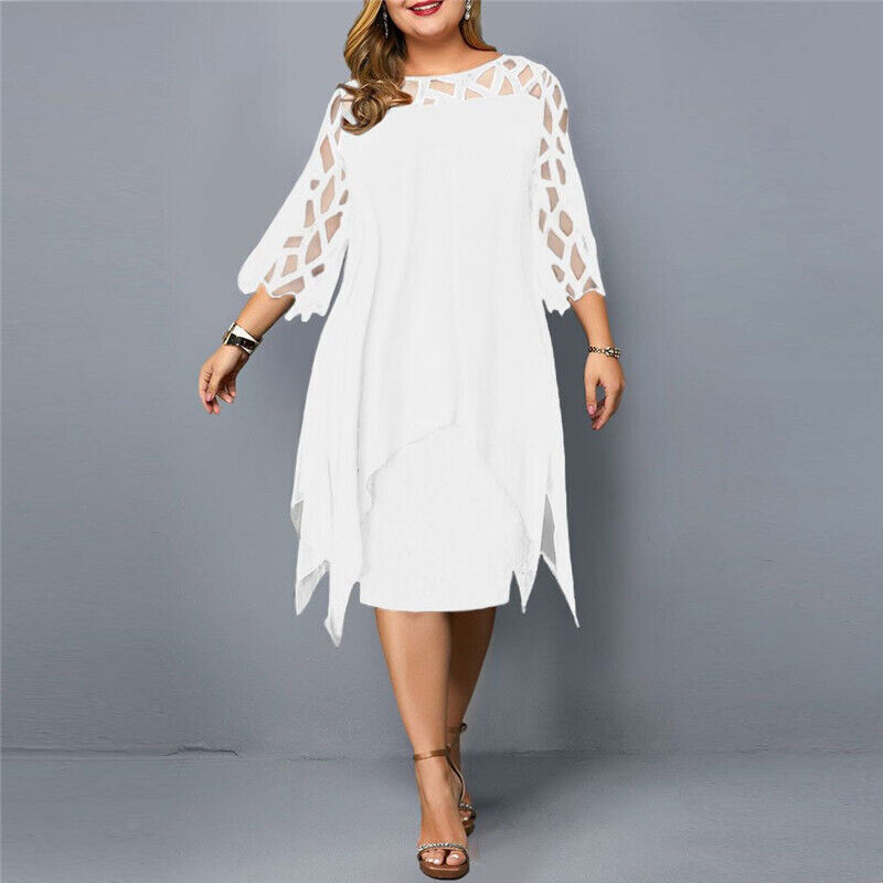 Elegant plus-size lace midi dress with round neckline and lace sleeves; perfect for any occasion.