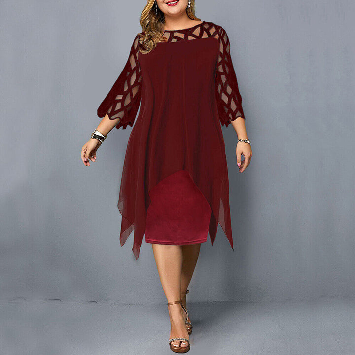 Fall fashion plus size midi dress, elegant with beautiful lace sleeves, perfect for events.
