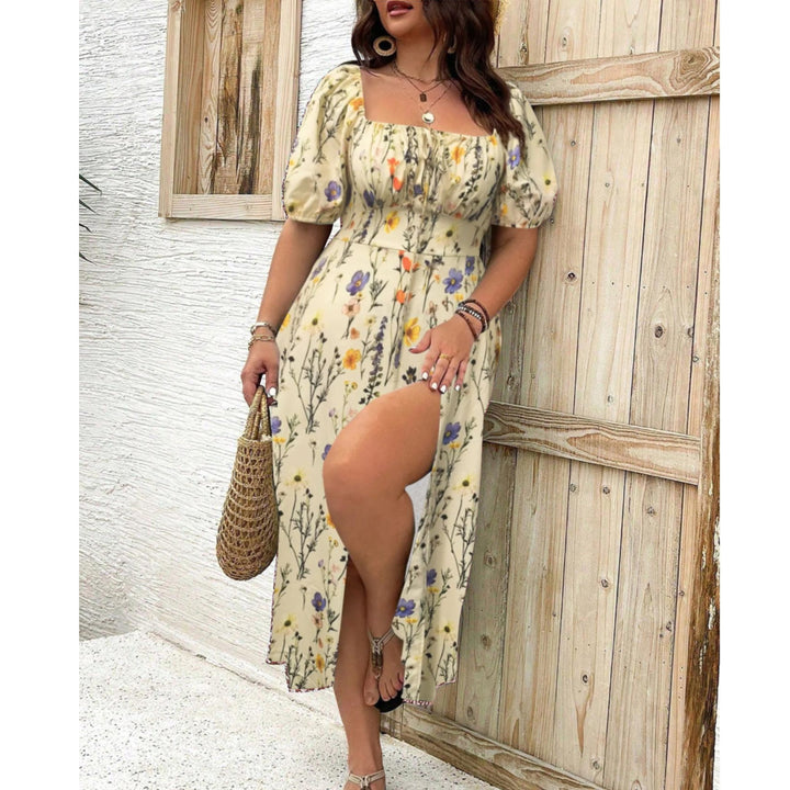 Graceful plus size women's puff sleeve maxi dress, elegant and flowing, perfect for any formal event.