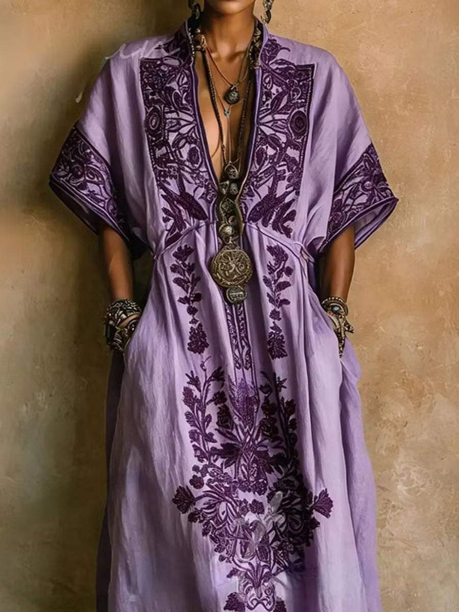 Women's boho purple kaftan maxi dress with delicate embroidery & a V-neck, perfect for summer vacations.