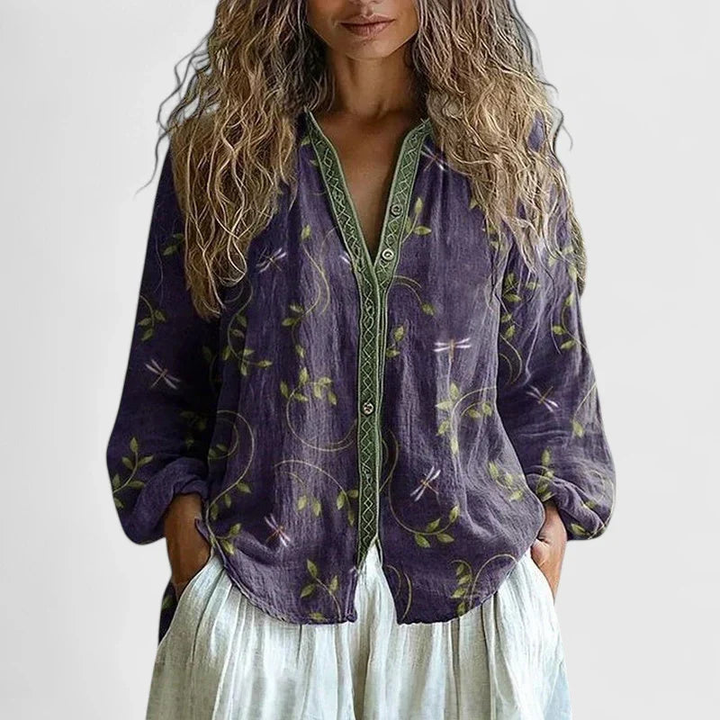 Elegant purple long sleeve women's blouse, versatile & comfortable, perfect for chic fashion & plus size wear.