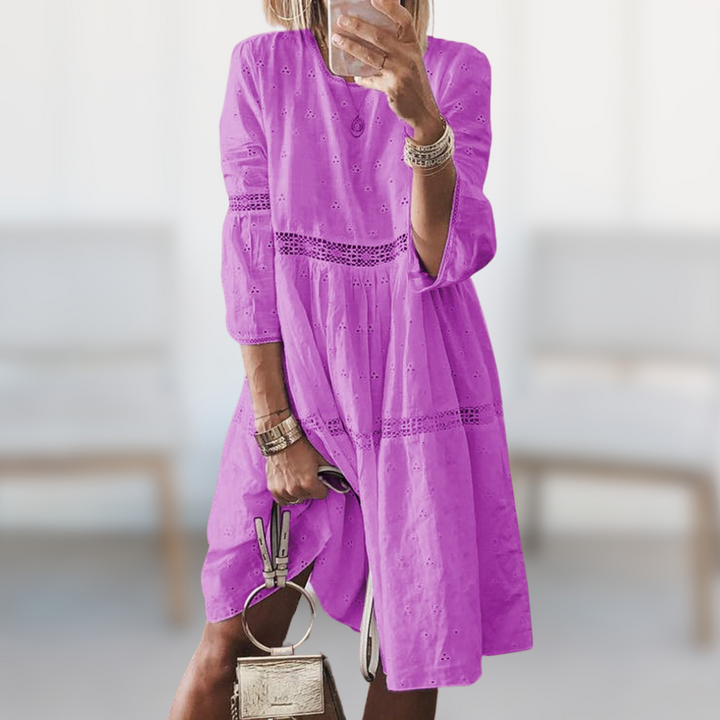 Women's blue round neck casual summer dress. Effortless style for beach, day or vacation wear.