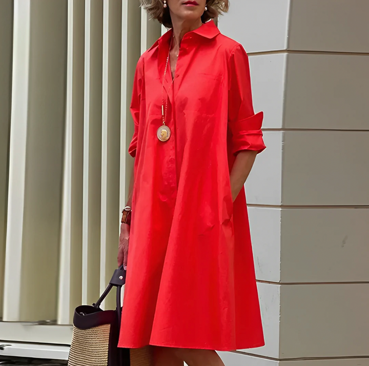 Elegant red button-front mini shirt dress for women, relaxed fit, versatile day to night casual or office wear.