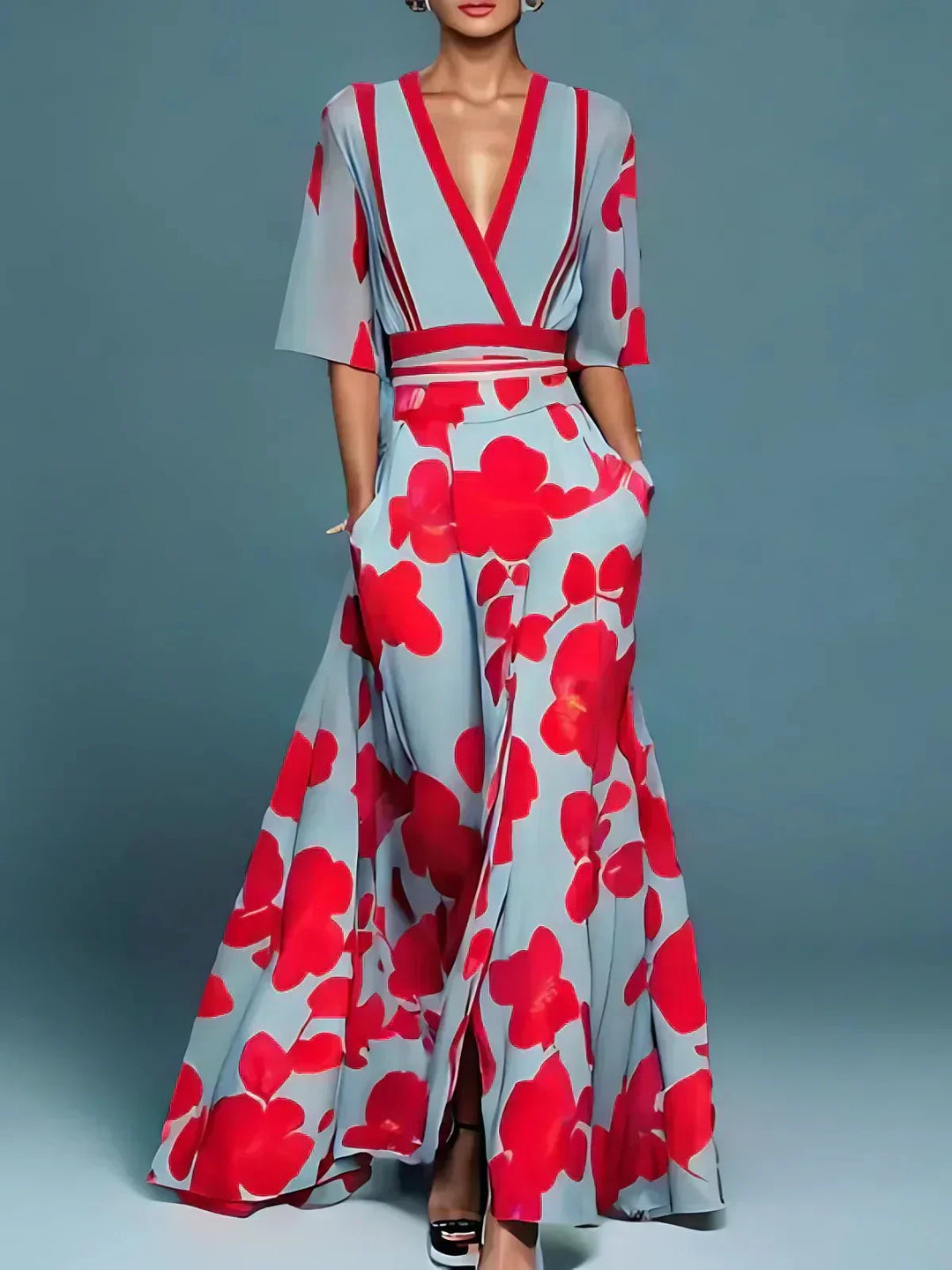 Elegant red floral maxi dress for women, v-neck, cape sleeves, A-line, perfect formal gown & wedding guest.