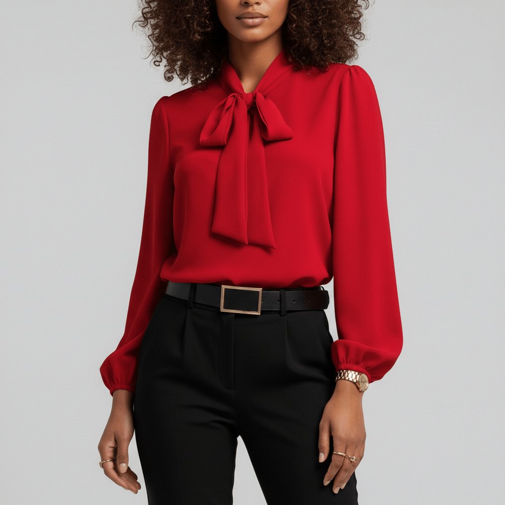 Elegant red women's blouse with a chic bow tie neck and stylish puff long sleeves, perfect for workwear.