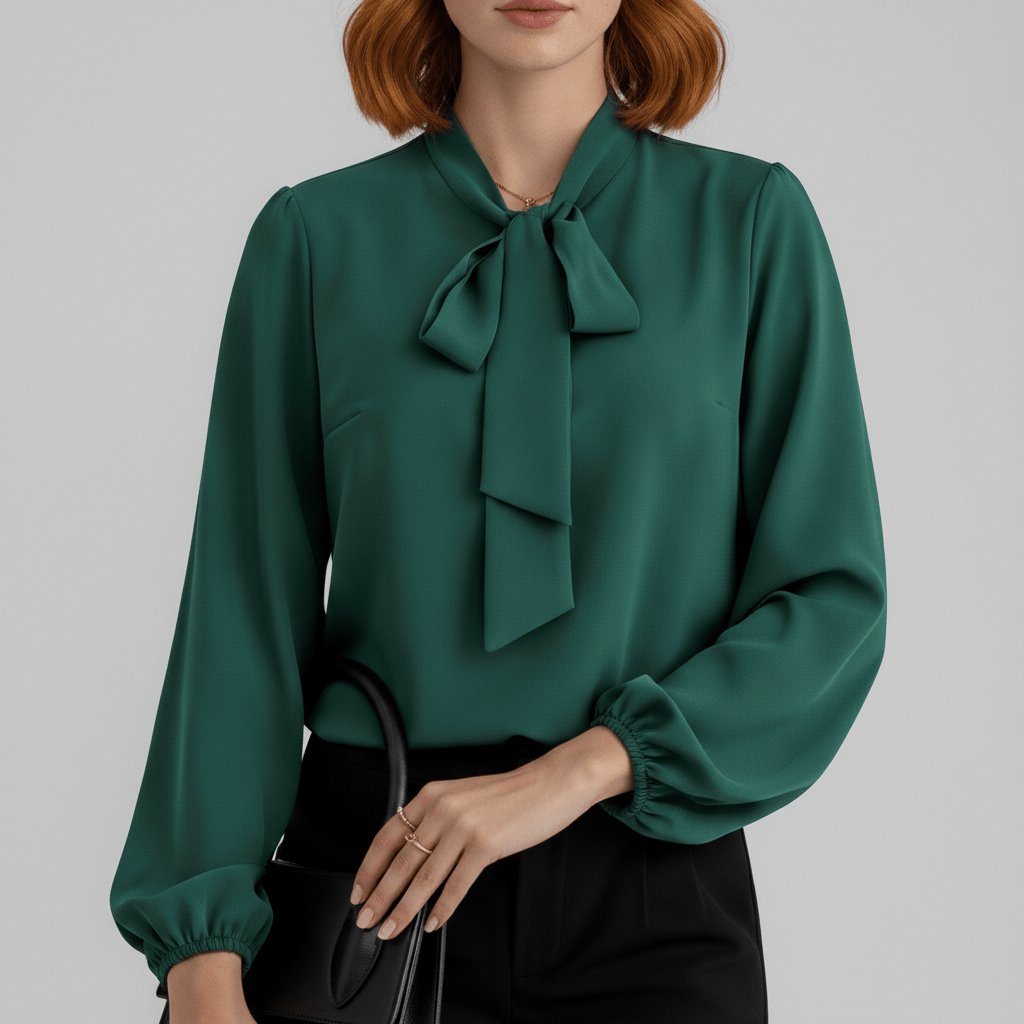 Classic white puff sleeve blouse for women, featuring a sophisticated bow tie neck and versatile style.