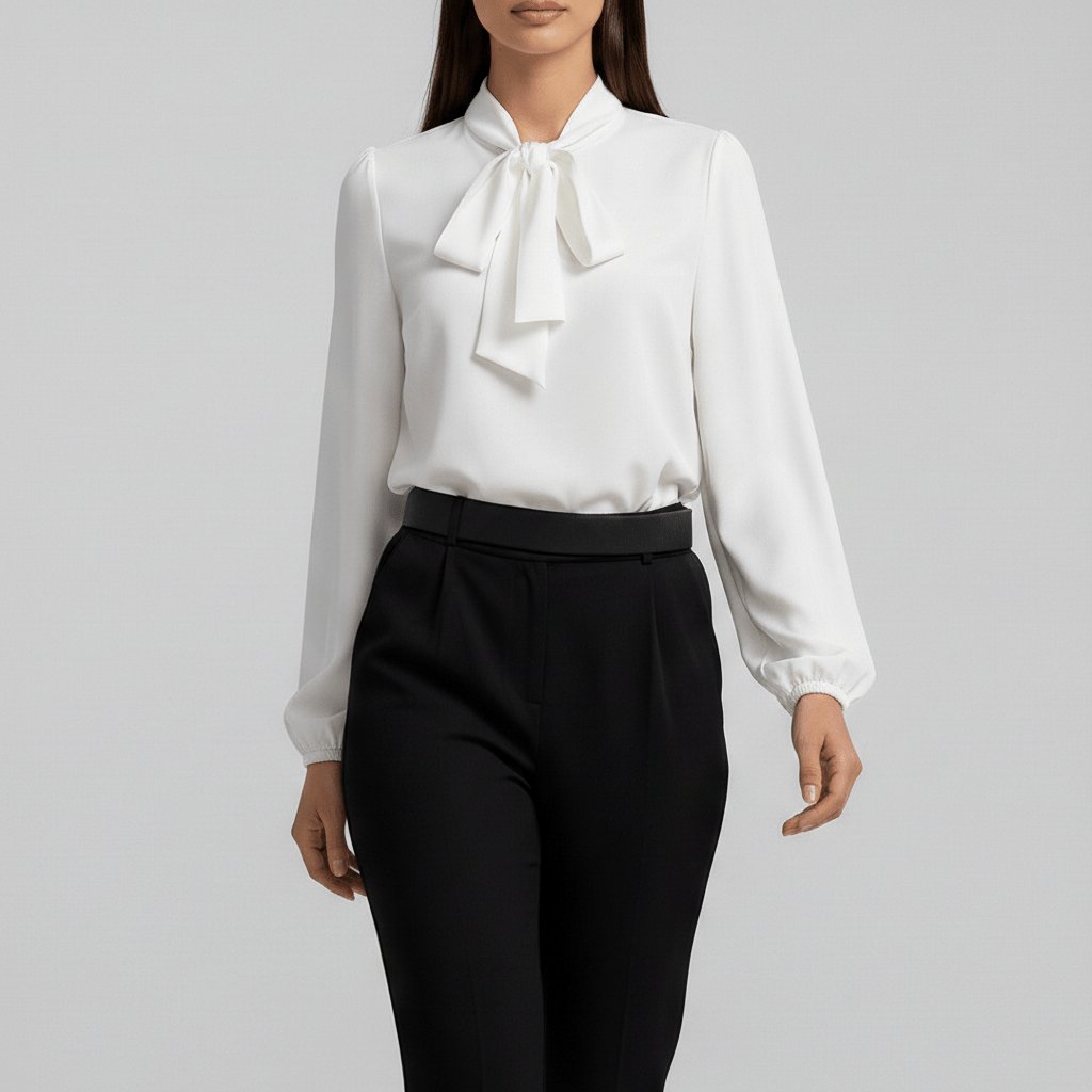 Versatile black long sleeve blouse with a delicate bow tie and elegant puff sleeves, ideal for day to night.