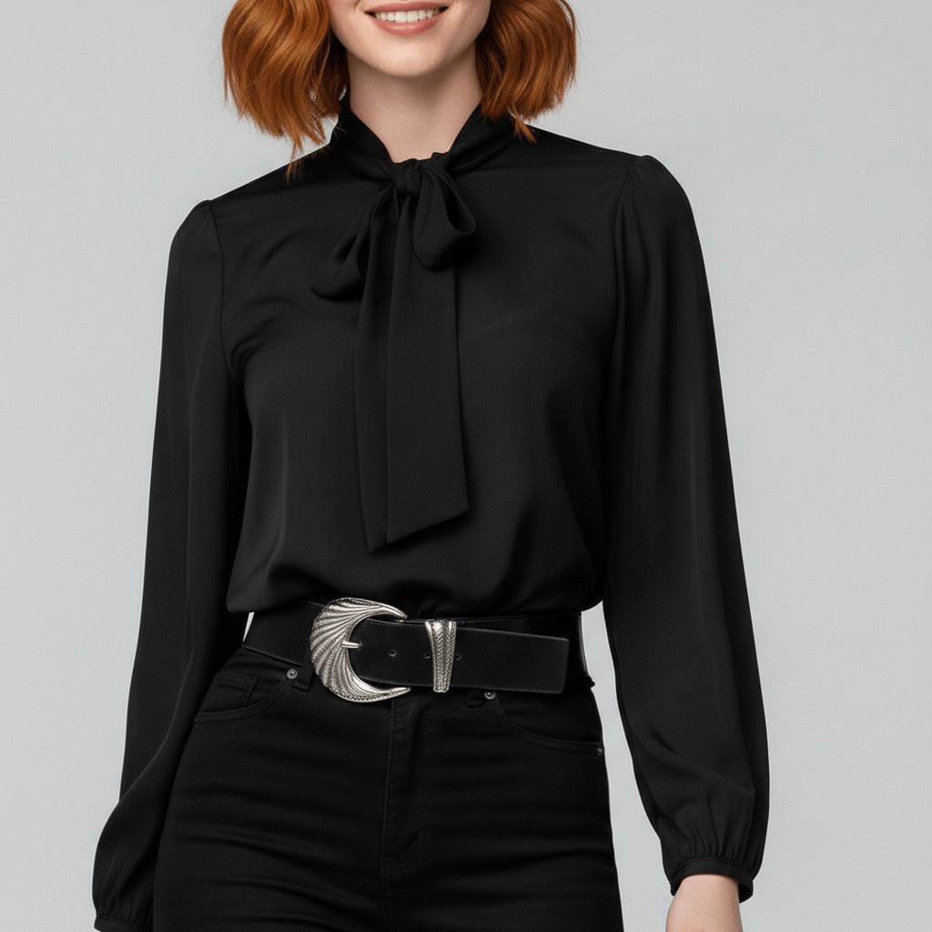 Chic green women's workwear blouse, detailed with a bow tie neck and fashionable puff long sleeves.