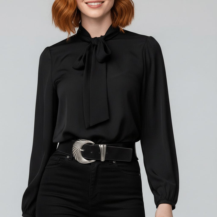 Chic green women's workwear blouse, detailed with a bow tie neck and fashionable puff long sleeves.