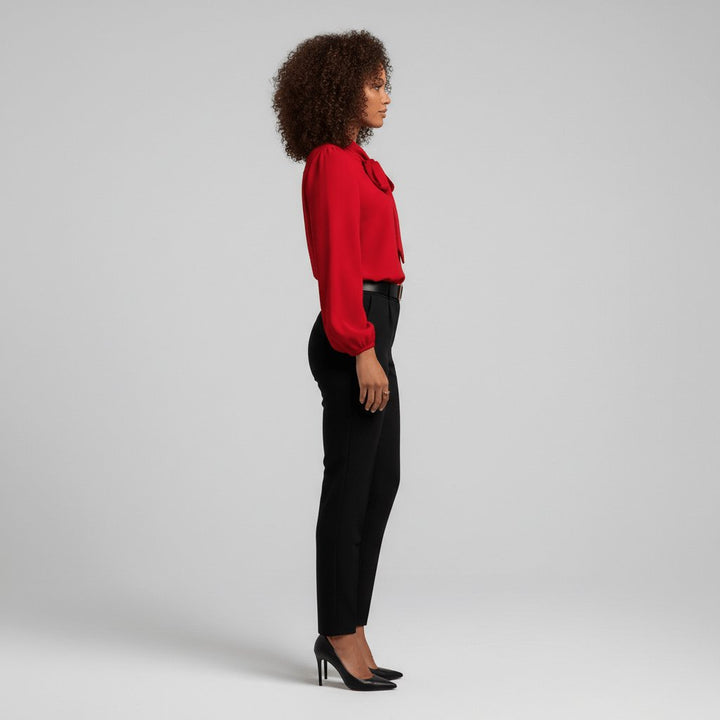 Stylish red bow tie blouse for women, featuring trendy puff long sleeves and a classic elegant design.