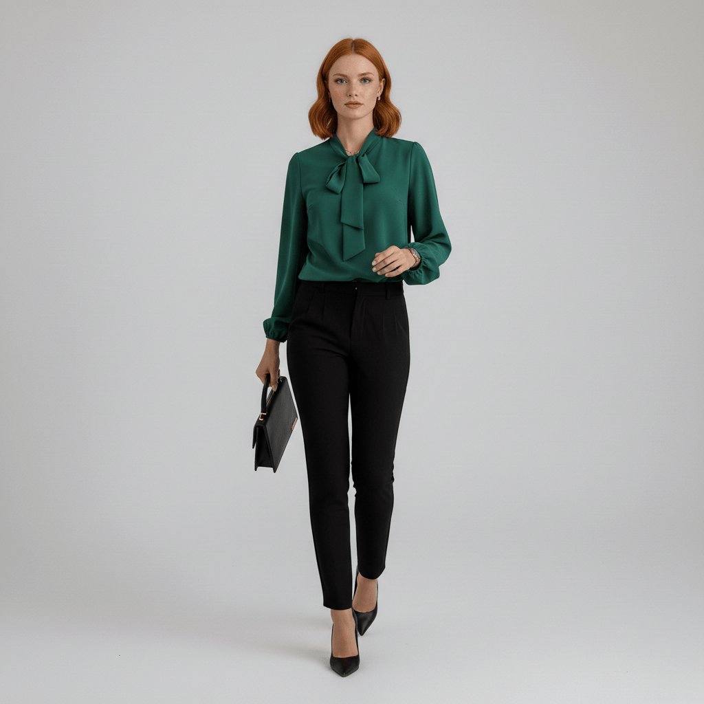 Classic white women's blouse with an elegant bow tie neck and fashionable puff sleeves, a chic top.