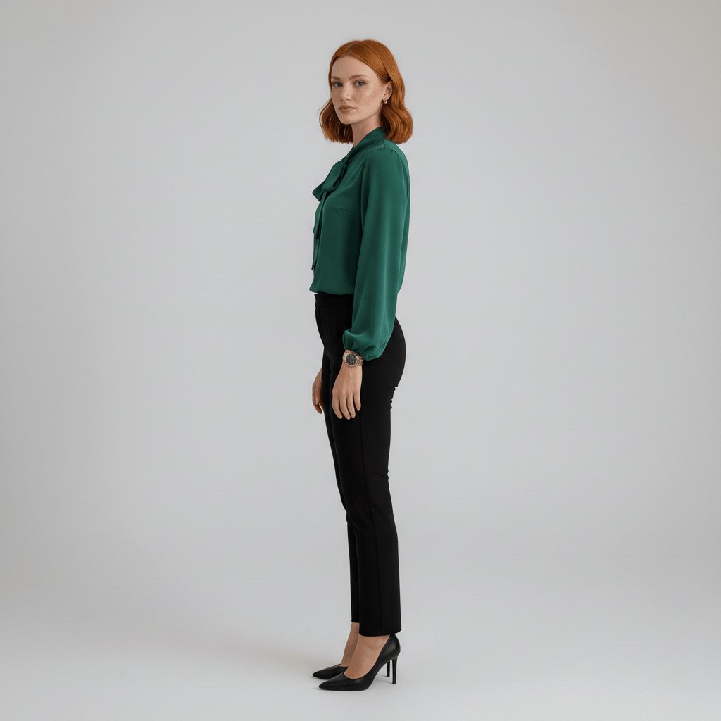 Black women's workwear top, an elegant bow tie blouse with subtle puff long sleeves for a refined look.